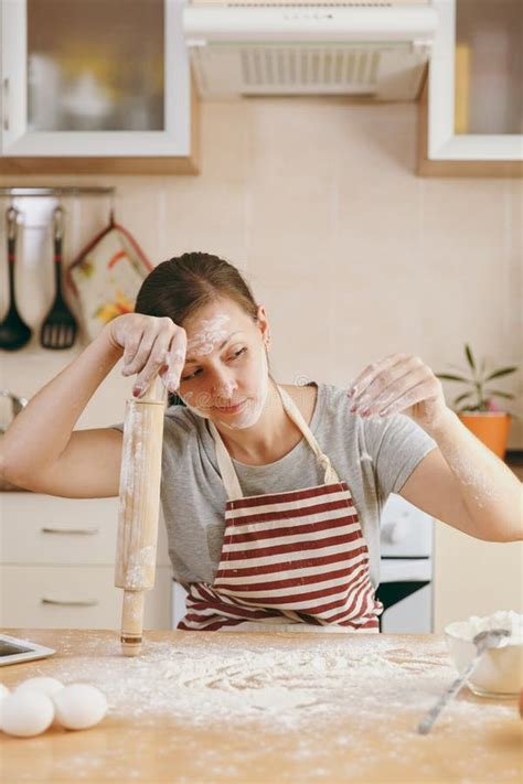 Young Beautiful Woman Is Cooking In The Kitchen Stock Image Image Of