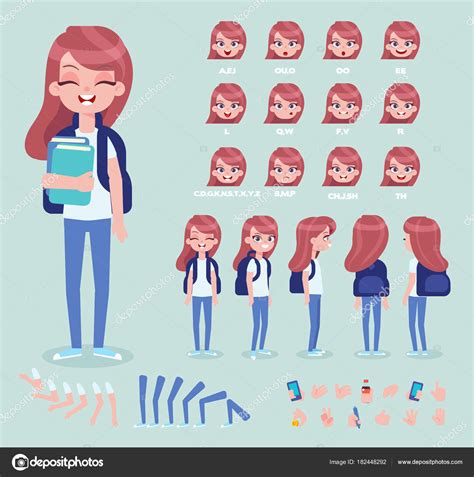 Front Side Back View Animated Character Teenager Girl Character