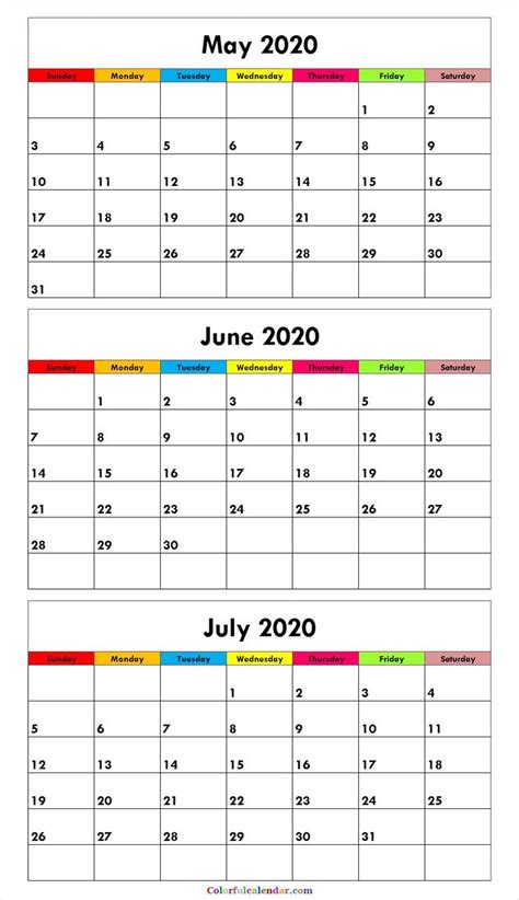 Three Month Calendar May June July 2020 June Calendar Printable