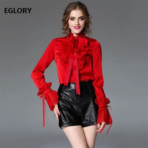 women fashion designer blouses autumn spring 2018 ladies ruffled collar flare sleeve solid red
