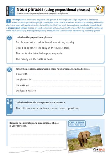 Noun Phrases Using Prepositional Phrases Worksheet Year 4 Spag