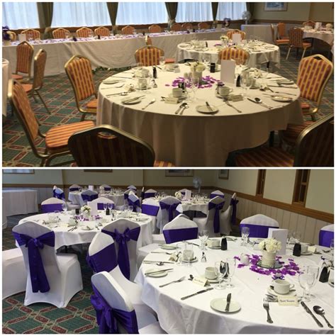 Satin banquet chair cover white. Purple satin sashes on Lycra chair covers. www.facebook ...