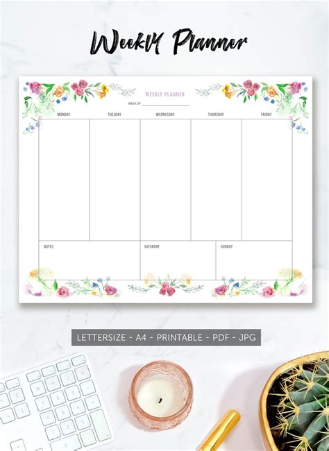 Pretty Weekly Planner Printable Us Letter A4 Watercolor Etsy