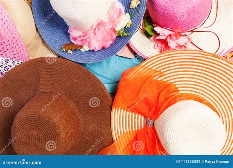 Beautiful Set Of Summer Hats On Wooden Backgroundflat Lay Style Stock