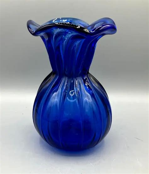 Vintage Cobalt Blue Hand Blown Glass Vase With Ribbed Ridges 7 1 4 Tall 29 95 Picclick