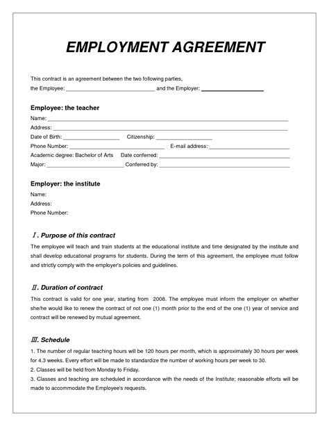 Job Printable Employment Contract Template Printable Templates