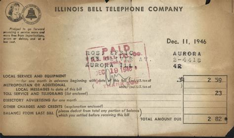 Phone Bill From Bell Telephone Company 1946 Telephone Illinois Belle