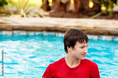 Happy Teen Boy In Swimming Pool With Copy Space Stock Photo Adobe Stock