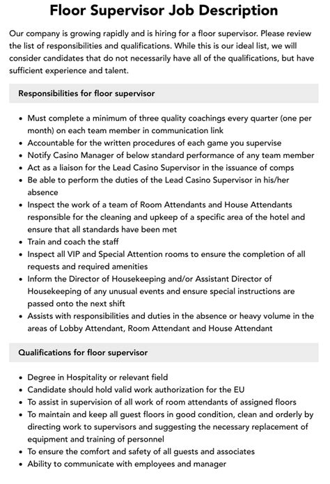 Floor Supervisor Job Description Velvet Jobs