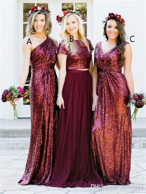 Burgundy Sequins Bridesmaid Dresses With Pleats Formal Wedding Guest