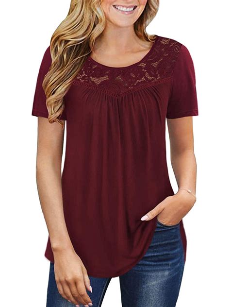 Verno Womens Plus Size Short Sleeve T Shirts Lace Pleated Tunic Tops