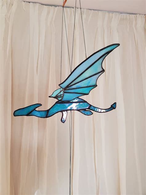 Iridescent Light Blue Stained Glass Flying Dragon Mobile Etsy
