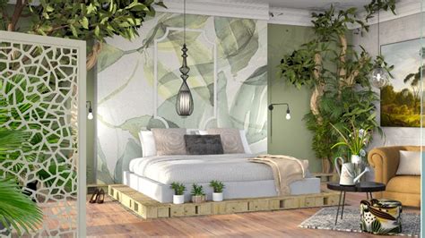 The Bedroom Is Decorated With Green Plants And White Bedding Along