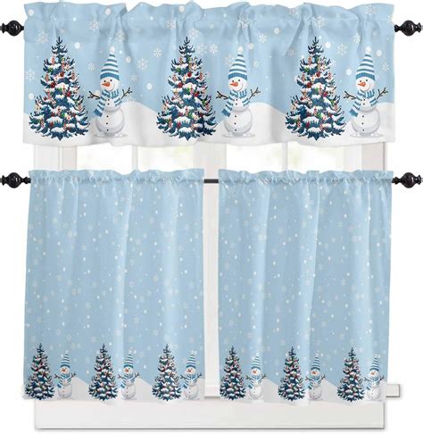 Wohnkutu Blue Christmas Kitchen Curtains Set Blue Snowman