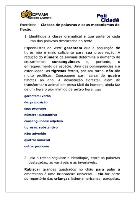 Exercicios De Classe De Palavras