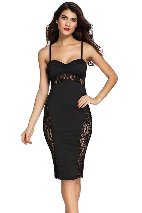 Black Lace Accent Spaghetti Straps Midi Dress Bodycon Dress Dresses