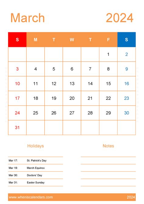 Download 2024 March Calendar Printable Free A4 Vertical M34153