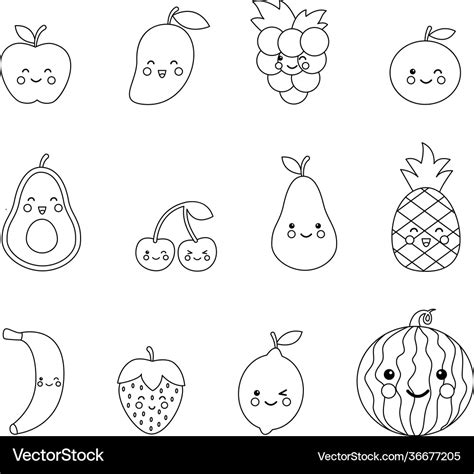 Coloring Page With Cute Kawaii Fruits And Berries Vector Image