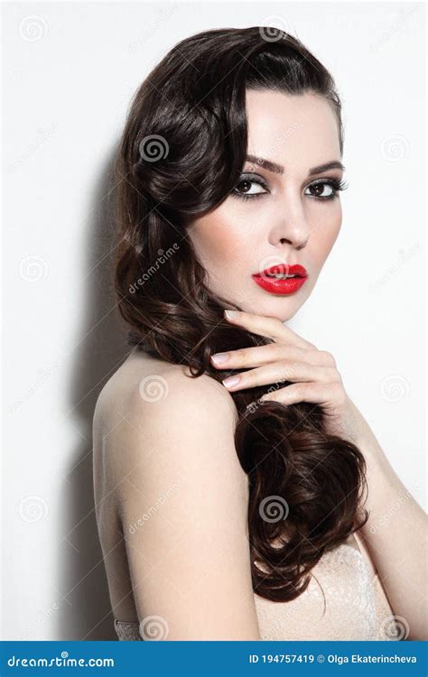 Brunette With Long Curly Hair And Red Lipstick Stock Image Image Of Face Complexion 194757419