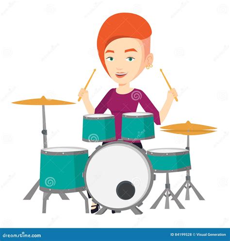 Woman Playing On Drum Kit Vector Illustration Stock Vector