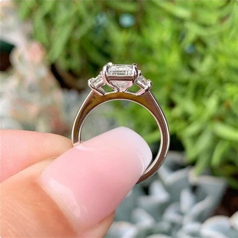 White Emerald Cut Moissanite Three Stone Engagement Ring Solid 14k