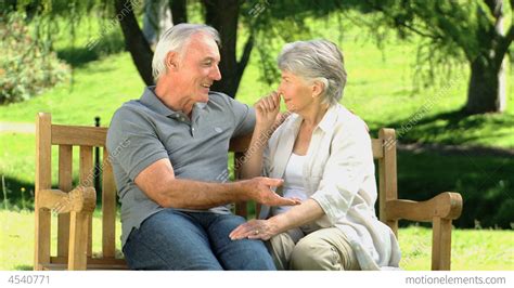 Elderly Couple Sitting On A Bench And Talking Stock Video Footage 4540771
