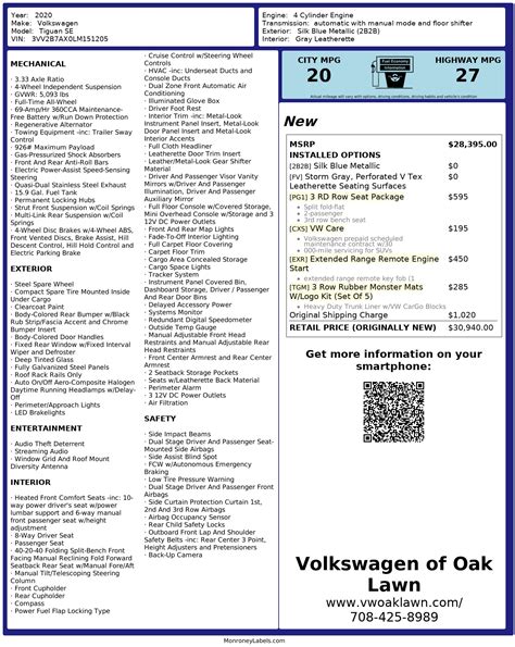 Window Sticker For 2020 Volkswagen Tiguan Se