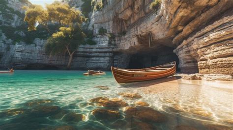 Premium Ai Image A Boat On The Water With A Cave In The Background