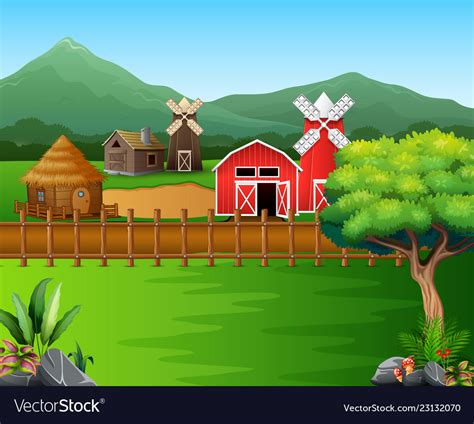 Cartoon Farm Landscape With Beautiful Nature Vector Image