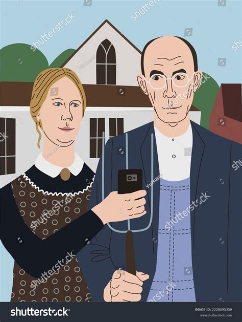 Drawing American Gothic Vector Painting Reproduction Stock Vector