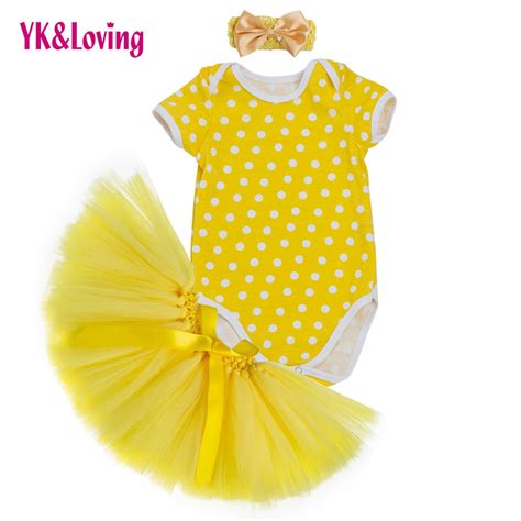 Yellow Baby Skirt Set For Newborn Girls New Yellow Mesh Handmade Skirt White Dot Romper