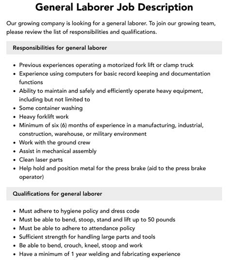 General Laborer Job Description Velvet Jobs