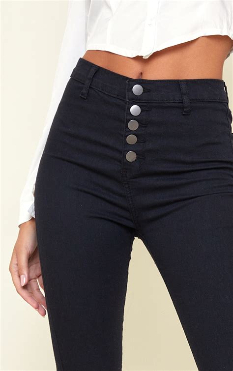 Black Button Front Disco Fit Skinny Jeans Prettylittlething Usa