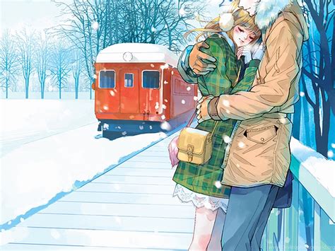 Red Train Anime Couple Snow Romantic Love Tree Wallpapers Desktop