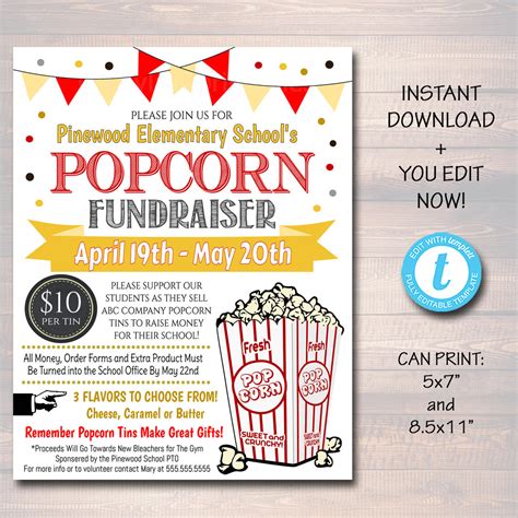 EDITABLE Popcorn Fundraiser Flyer, Printable PTA, PTO, School Church P - TidyLady Printables