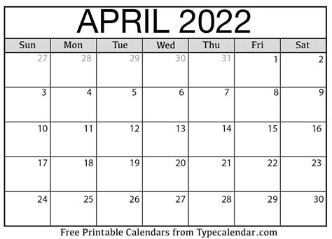 April 2022 Calendar April 2022 Free Printables
