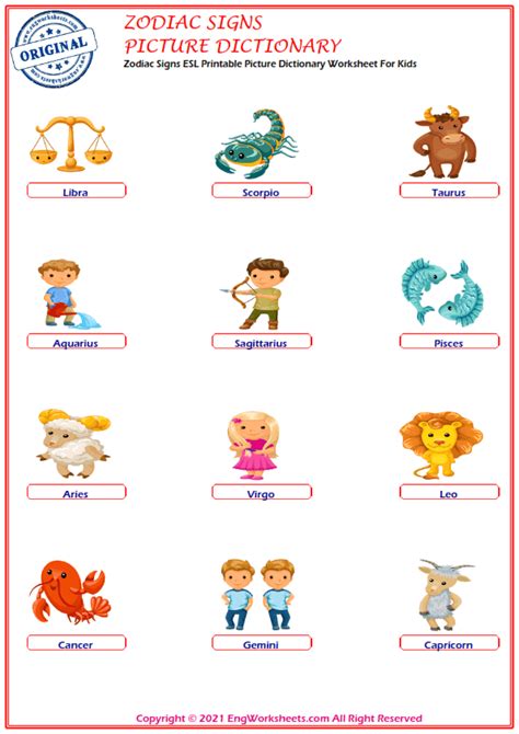 Zodiac Signs Printable English Esl Vocabulary Worksheets Engworksheets