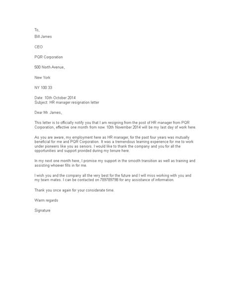 Hr Manager Resignation Letter Templates At