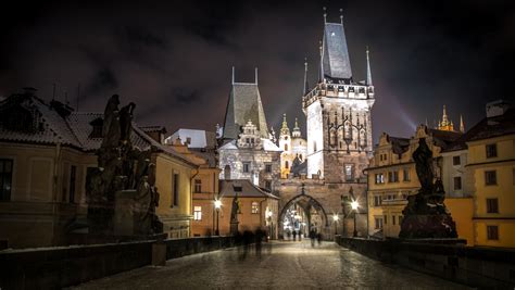 Charles Bridge And Night City In Prague Czech Republic Image Free