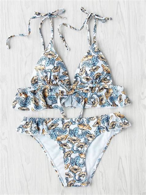Shop Calico Print Ruffle Trim Triangle Bikini Set Online Shein Offers