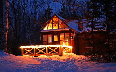 Lights Forest Night Snow Winter House Evening Hut Light Season