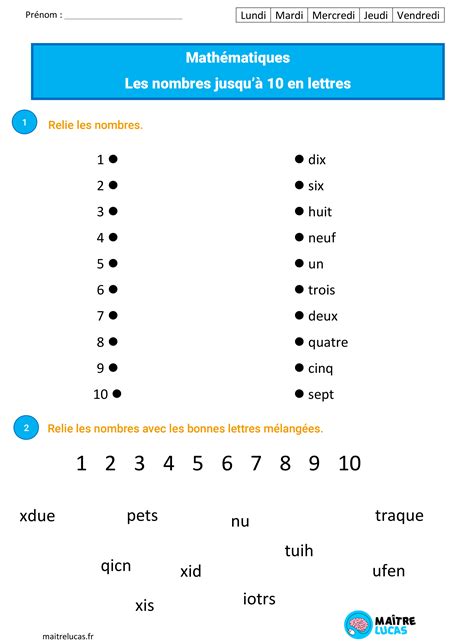 Fiches Les Exercices Nombres En Lettres Jusquà 10 Pour Cp Ce1 Maître