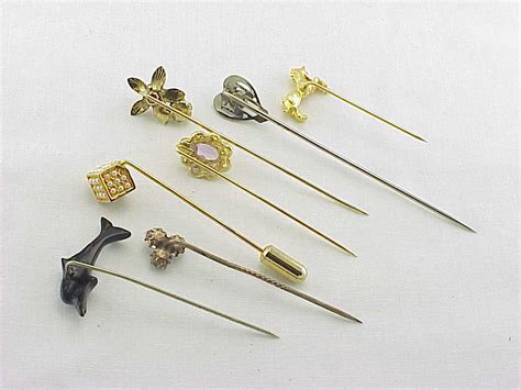 7 Vintage Stick Pins Stickpins Black Coral Rhinestones Horse