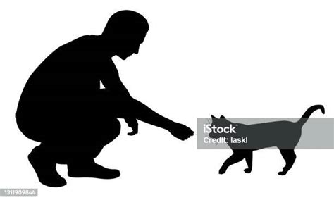 Man Feeding Cat Stock Illustration Download Image Now In Silhouette