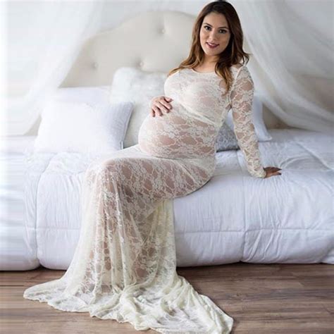 Pregnant Women Dress Maternity Long Sleeve Lace Long Maxi Gown