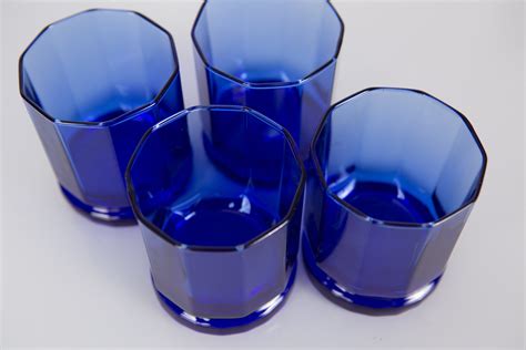 4 Decagon Glasses 10oz Vintage Set Of Cobalt Blue Tumblers Geo Barware Retro Geometric