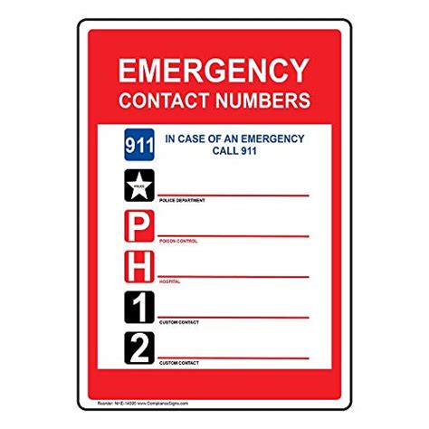Emergency Contact Numbers 911 Sign 10x7 Inch Aluminum For Emergency