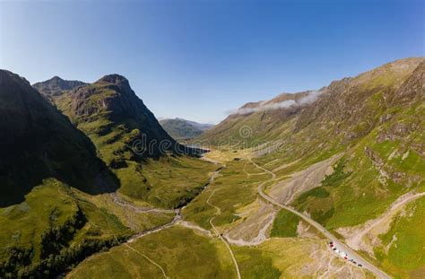 Aerial Drone View Of The Beautiful Valley Of Glencoe In The Scottish