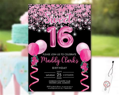 Sweet 16 Party Invitation Printable Template Black Editable Invitation 16th Birthday Pink