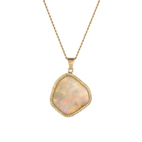 Natural Opal Diamond Pendant Necklace Vintage Karat Yellow Gold